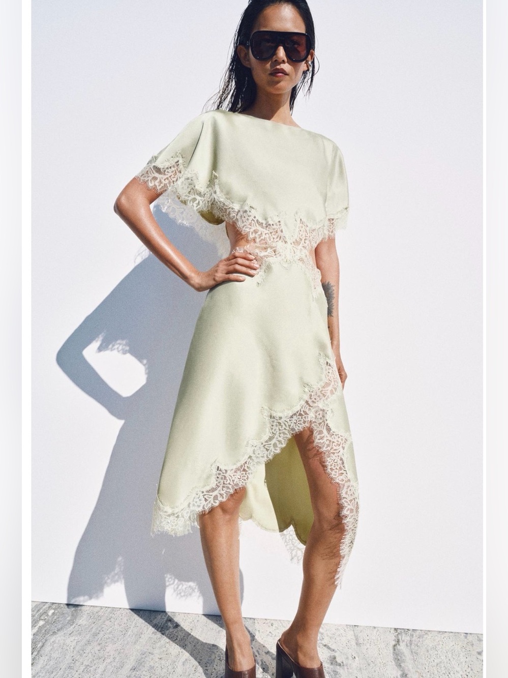 NWT Zara Sea Green Asymmetrical Lace-Trim Cut Out Dress Small 5919/043/512